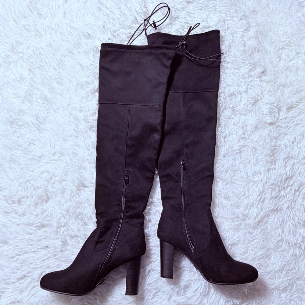 Black Faux Suede Over-the-Knee Boots Size 8 Block Heel Side Zip